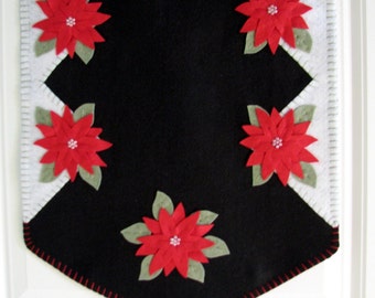 Hand Stitched Red Poinsettia Wool-Felt Primitive - Folk Art - Christmas Table Runner - Fiber Art - Holiday Decor - Wool - Wool Applique