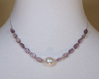 Amethyst, Freshwater Pearl and Sterling Silver Necklace and Earring Set