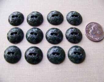 Set of 12 Vintage Plastic Mounded Dark Green Buttons Basketweave Design