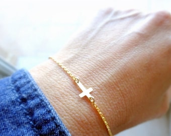 Sideways Cross Bracelet, Gold Cross Bracelet, Tiny Cross Bracelet, Bridesmaid Jewelry, Gold Bracelet, Birthstone Cross, Bridesmaid Bracelet