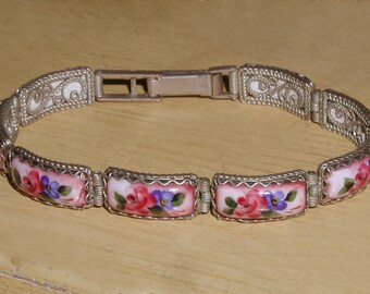 Vintage Russian Finift Hand Painted Floral Porcelain Tiles 800 German Silver Filigree Bracelet