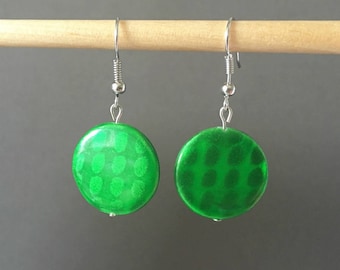 Dangling earrings - round and flat slab beads - green grass finished Pearl oval spots