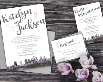 Wedding Invitations Philadelphia Skyline with hearts - Philly Wedding Invitation - Formal Philadelphia Wedding Invitation RSVP Guest Info