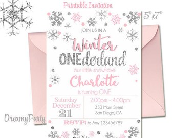 Winter Onederland Invitation, Pink and Silver first birthday invitation, Winter onederland Birthday, Digital File.