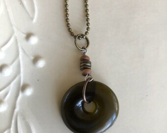 Upcycled Wine Bottle Pendant Neckace with wooden beads