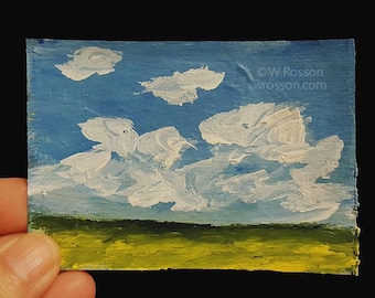 ACEO, Original Painting, Art Card, Landscape Painting, Small Art, Winjimir, Home Decor, Office Art, Gift, Card, Blue Sky, Cloud Painting,