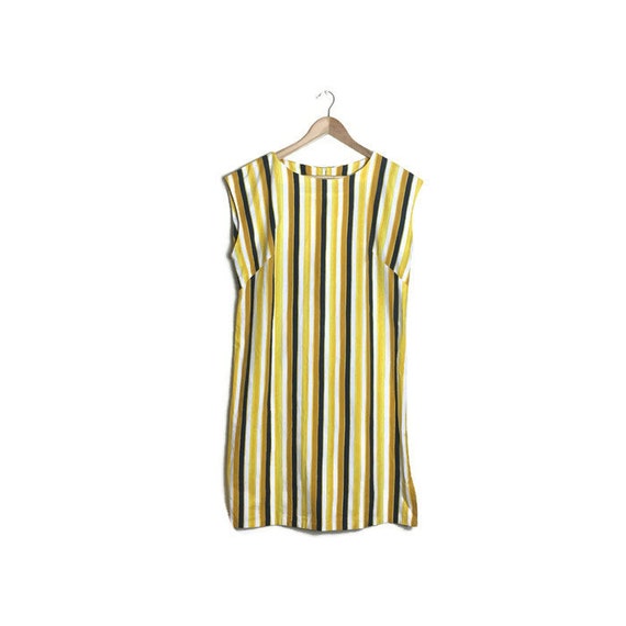 Yellow striped dress / hand made shift dress / vintage striped shift dress / 60s style stright dress / yellow blue stripes / boho dress