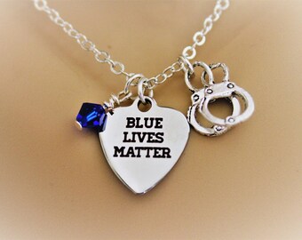 Blue Lives Matter Stainless Steel Laser Engraved Heart Necklace With Silver Handcuff Charm and Blue Swarovski Crystal Police Wife Necklace
