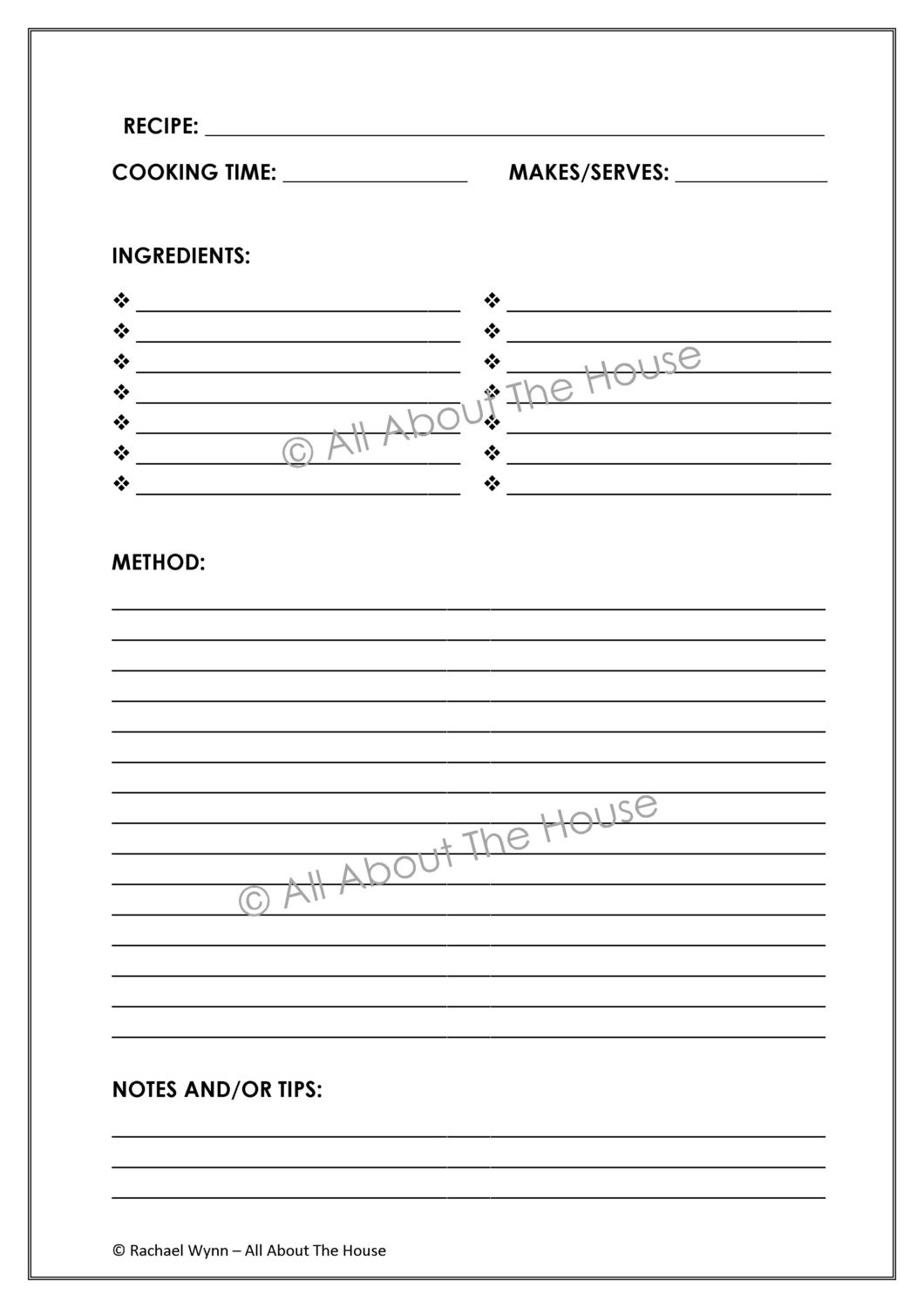 full page recipe template editable free