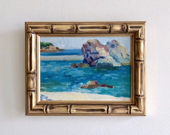 Ocean Blue Seascape Original Small Oil Painting Framed Bamboo