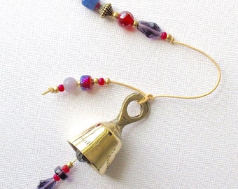 SALE! Beaded Windchime. Garden Chime Blackberry Purple & Raspberry Red Glass Beads. Violet. Crimson. Antiqued Gold Beads. Flower. Brass Bell