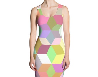 Womens Dress,Cubes,Multi Color,Summer,Dresses,Spring,Long,Evening,Printed,Unique,Fashion,Girls,Clothing,Design,Pattern,Cute Cut & Sew Dress