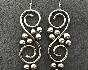 Handmade Long Sterling Silver Earrings . Free shipping.