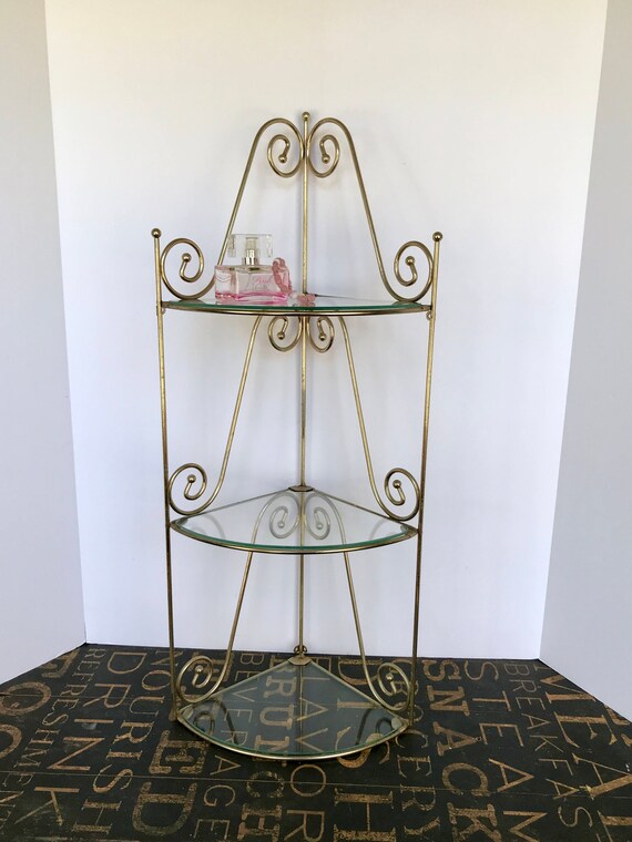 Vintage Three Tiered Gold Metal and Glass Corner Shelf