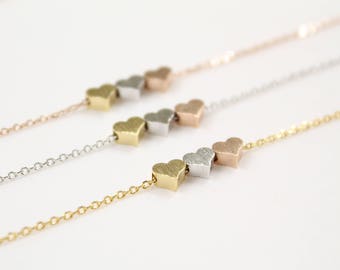 Three Heart Bracelet In Gold/Silver/Rose Gold, Mixed Color Heart Bracelet, Stationed Three Tone Hearts, Wedding, Bridesmaid Gift