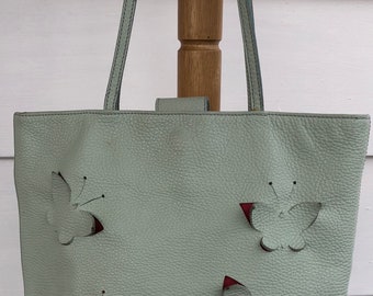 CLAUDIA FIRENZE Pale blue or pale mint green leather tote handbag with cut out butterflies