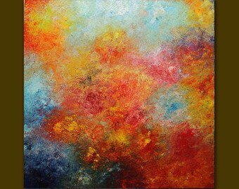 Oil painting Abstract,red,yellow,blue palette knife.