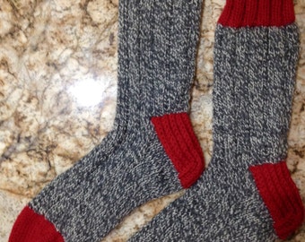 Hand Knit Women's XL or Men’s LARGE 100% Wool Heavy Boot, Hiking, Skiing, Snowboarding Socks (B-066)