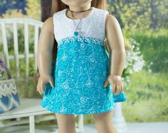 18 Inch Doll DRESS in Turquoise and White Eyelet with Necklace and SANDALS Option for dolls like American Girl