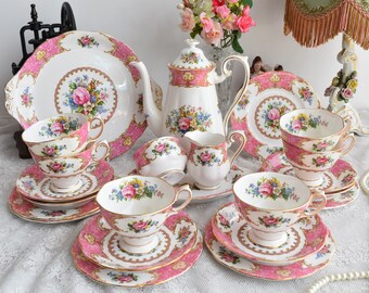 Vintage tea set english porcelain Royal Albert Lady Carlyle England cup set vintage teacup pot milk sugar teacup and saucer