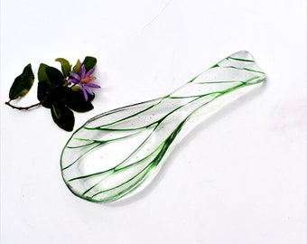 Fused glass spoon rest or dish in clear with green lines