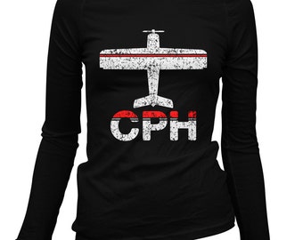 Women's Fly Copenhagen Long Sleeve Tee - CPH Airport - S M L XL 2x - Ladies' Copenhagen T-shirt, Denmark, Kobenhavn - 2 Colors
