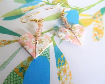 Pink heart Origami earrings white and gold