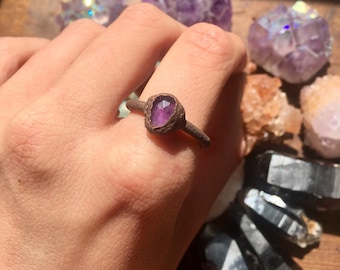 Amethyst Crystal Copper Electroformed Ring 8