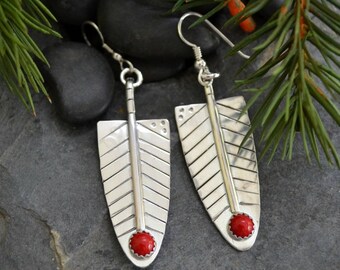 red feather earrings. solid sterling silver with red coral. Christmas earrings