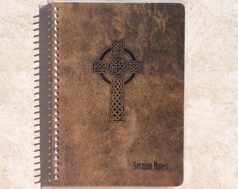 Men's Sermon Notes w/ Leather Pattern Celtic Cross Cover ~ by Upward Journals (5" x 7") Personalized Text ~ Scripture Journal, Notebook