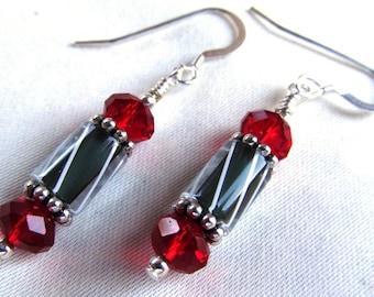 Cane Glass and Crystal Beaded Dangle Earrings in Sterling Silver and Silver Plate