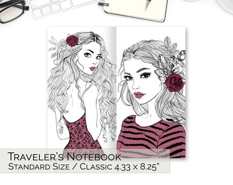 STANDARD TN Floral Ladie Dashboard, Fashion Girl Print TN, Inserts, Traveler's Notebook Printable, Midori, Regular, Classic, pdf