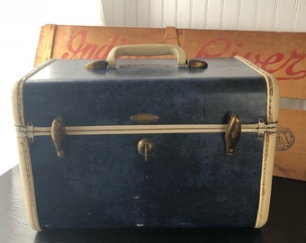 Vintage Train Case, Makeup Case, Samsonite Blue Marbled, Shwayder Bros. Vintage Travel Case
