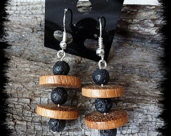 Earrings Sandwich #44 lava stone and Bayong wood beads