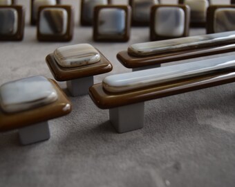 Elegant and earthy, Layered style custom made knobs and pulls, 4 inch cc pulls, 1.5inch square knobs, made in USA custom glass hardware