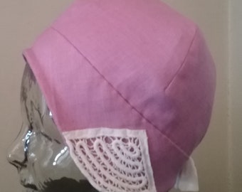 Lilac Linen Spring Cloche with White Vintage Embroidery details and linen lining