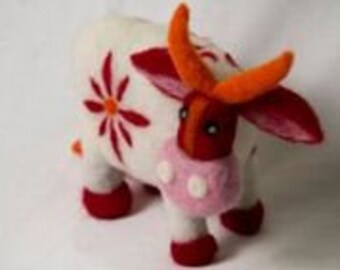 Needle Felted Swiss Cow Wool Felted Red White Pink Swiss Cow Unique gift