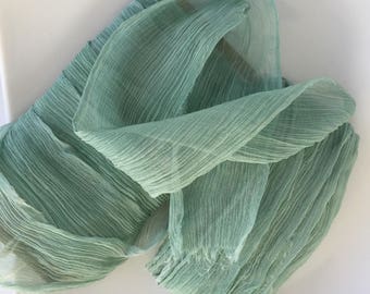100% pure silk, hand-dyed ribbons in a blue green, silk crinkle chiffon, stationery, weddings, bouquets, gifts, venue styling, hair bows,