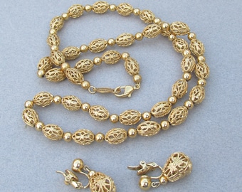 NAPIER Vintage 1970's Gold-Tone Filigree Bead Necklace with Earrings