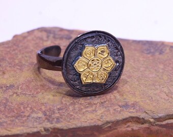 Religious flower ring, sterling silver ring, Round Ring, 925 Silver Ring, gold plated ring, black rhodium ring, textured finish ring
