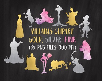 Villains Silhouettes Clipart, Gold Disney Villains Clipart, Ursula, Cruella De Ville, Captain Hook, Scar, Jafar, Hades, Queen of Hearts