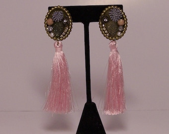 Pink fringe earrings with colorful pieces
