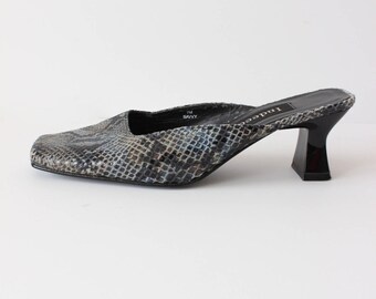 Vintage 1990s Blue Grey Snakeskin Embossed Mules, size 7