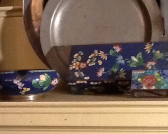 Enamelware Cigarette Box with matchbox and ashtray