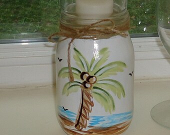 Painted jar, PALM TREE jar, hand painted jar, glass jar, palm tree centerpiece, wedding centerpiece, beach centerpiece