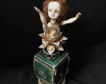 Vintage doll assemblage art doll altered art hand painted doll