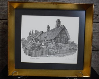 vintage signed etching Anne Hathaway's Cottage by Anthony John