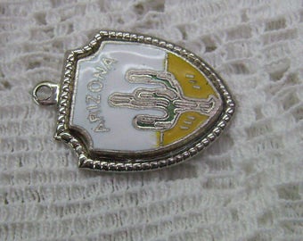 Vintage Sterling "ARIZONA" Shield Charm...Cactus Enamel State Charm...Sterling Silver...Hallmarked Souvenir Charm
