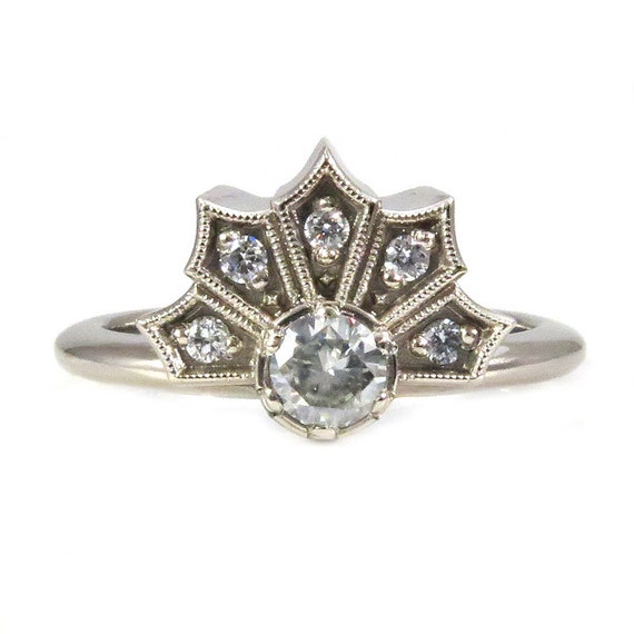 Diamond Crown Ring - 14k Palladium White Gold Modern Engagement - Forever Brilliant Moissanite or Diamond Center