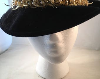 Navy velvet hat with gold and pearl trim
